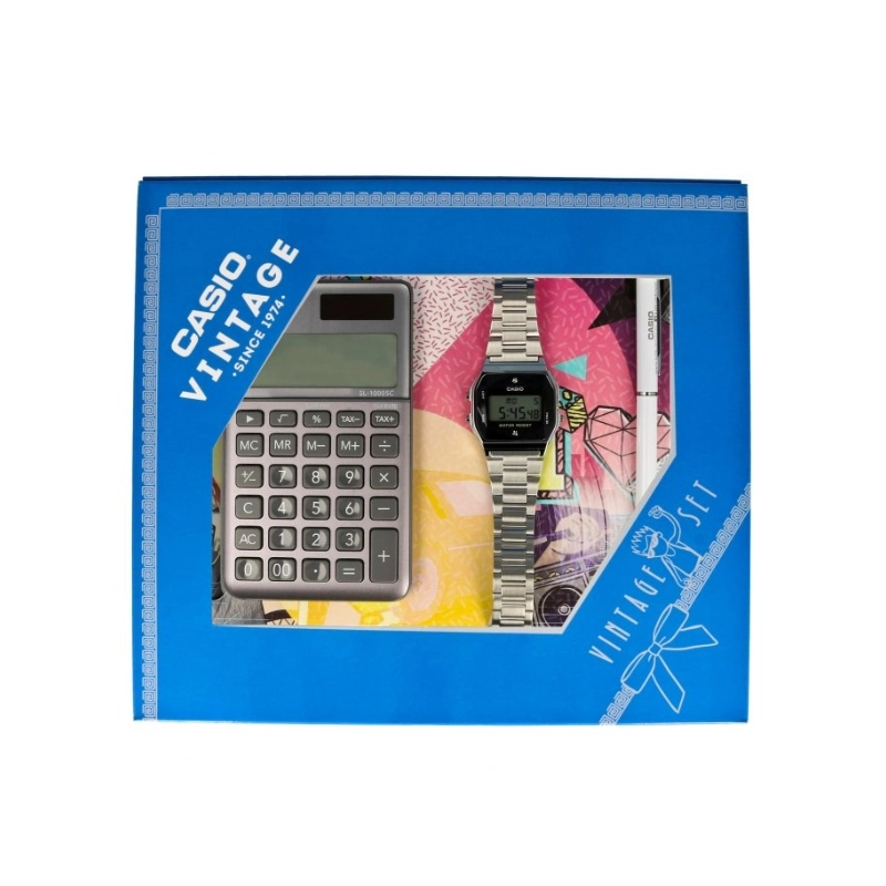 Zestaw Casio Vintage A158WEAD-1EF + kalkulator SL-1000SC-GY-S + długopis Casio